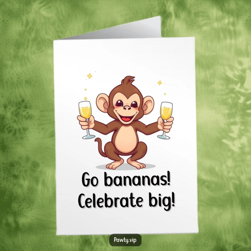 Funny Free Printable Birthday Card: an energetic monkey comically attempts to juggle several champagne glasses, ready for a festive occasion.