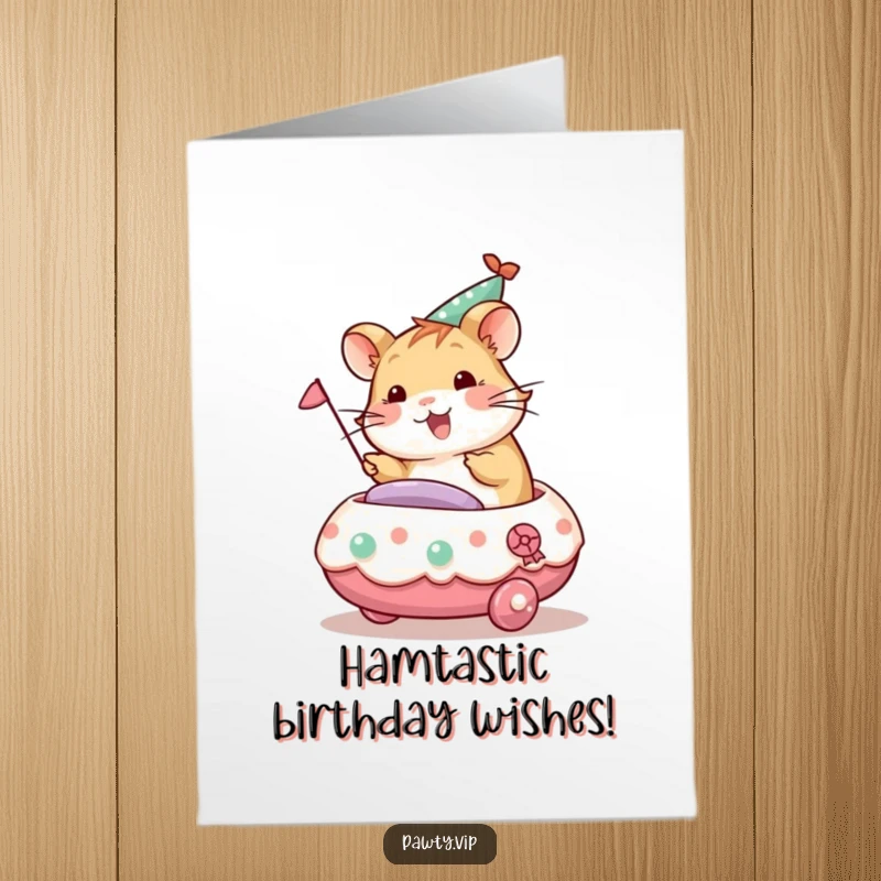 Funny Free Printable Birthday Card: Cheerful hamster riding a decorated party float, ready for birthday celebrations.