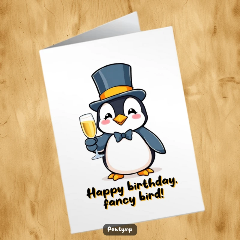 Funny Free Printable Birthday Card: Fancy penguin in a top hat, holding bubbly, toasting a happy birthday.
