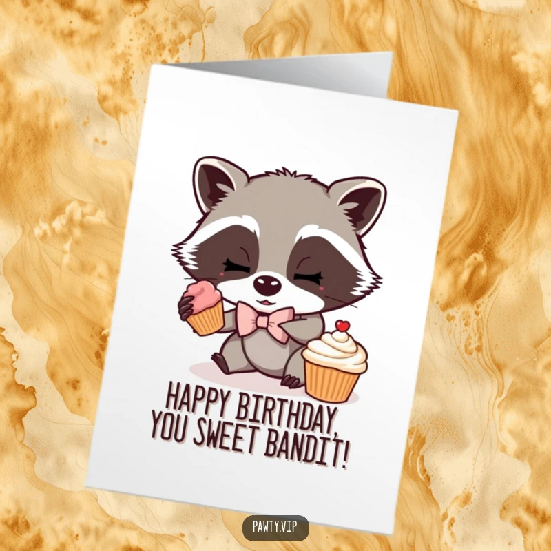 Funny Free Printable Birthday Card: Mischievous raccoon in a bow tie, sneaking a cupcake with delight.