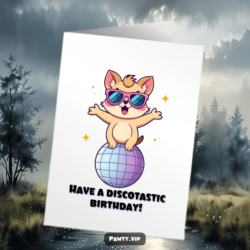Funny Free Printable Birthday Card: Animal in oversized sunglasses dancing energetically on a disco ball, ready to celebrate.