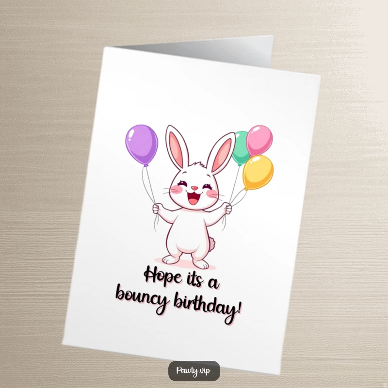 Funny Free Printable Birthday Card: A happy Kawaii rabbit expertly juggles colorful balloons.