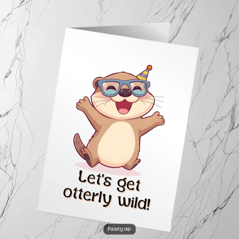 Funny Free Printable Birthday Card featuring a joyful otter wearing tiny party glasses, leaping with pure excitement, ready for a celebration.