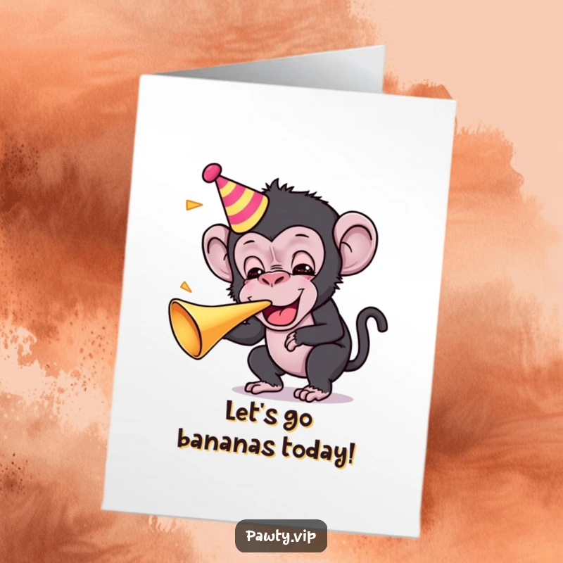 Funny Free Printable Birthday Card: Kawaii chimpanzee blowing a party horn with uncontainable exuberance and joy.