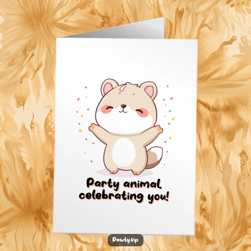 Funny Free Printable Birthday Card: Cute animal in a celebratory pose, showered with tiny confetti, spreading birthday cheer.