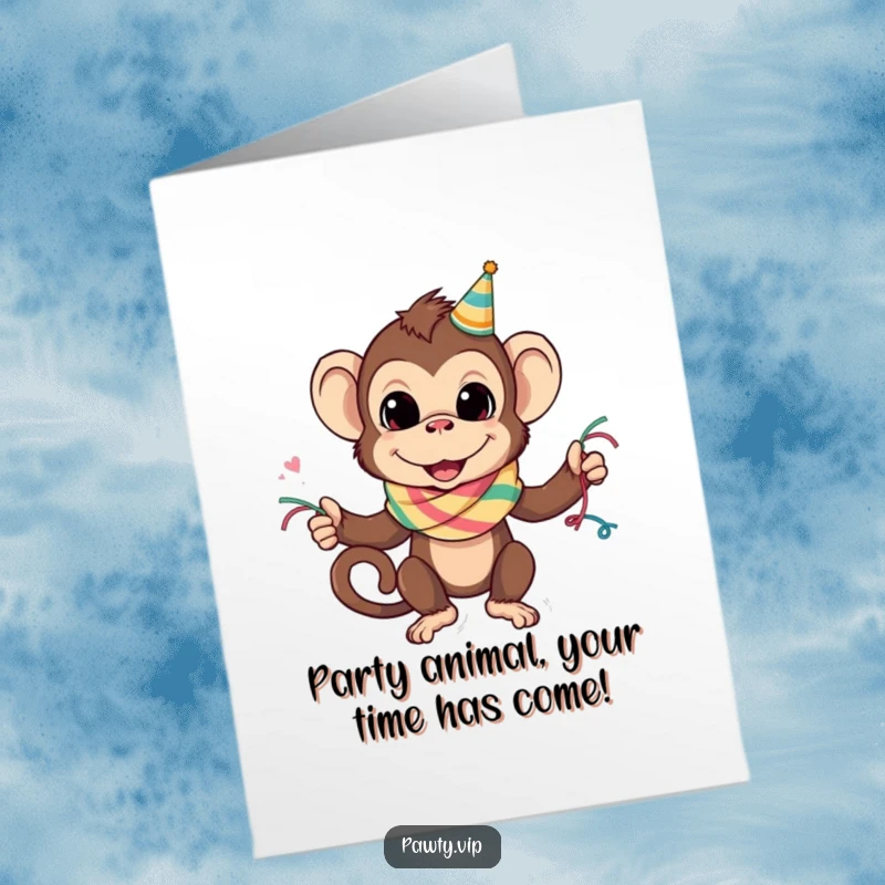 Mischievous monkey in a party streamer scarf, ready to wish you a wild and funny free printable birthday.