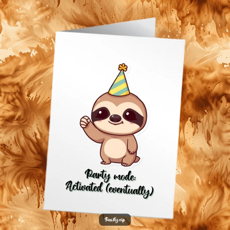 Funny Free Printable Birthday Card: Trendy sloth in party hat slowly raises tiny fist in celebration.