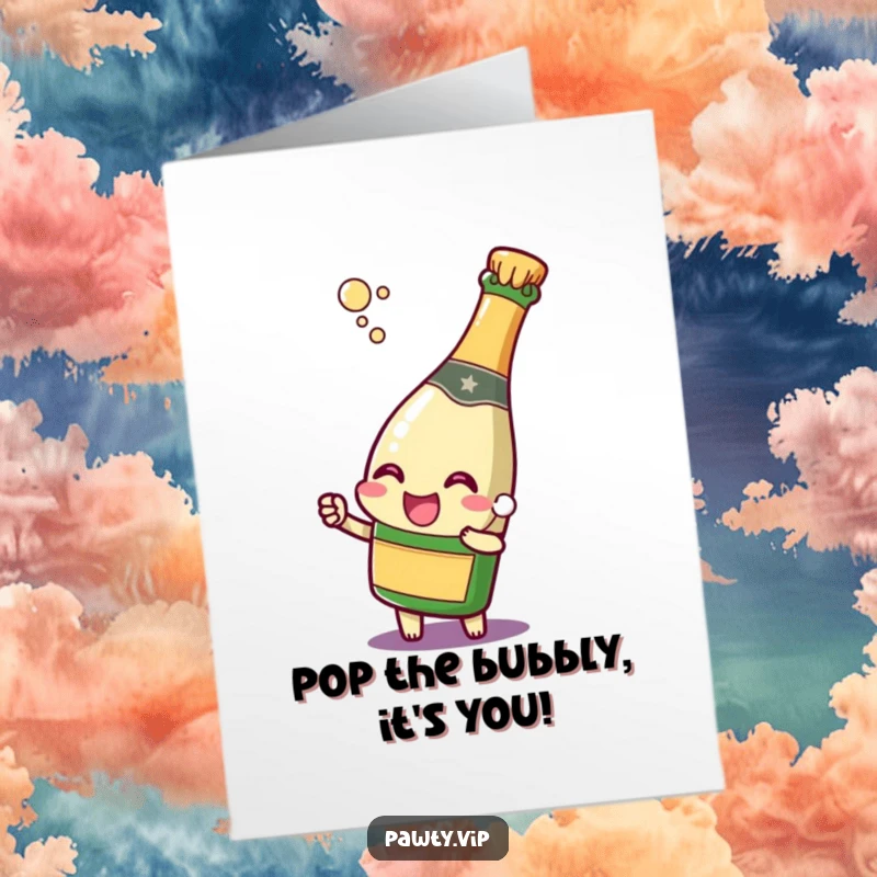 Funny Free Printable Birthday Card: Champagne bottle character joyfully popping its cork, ready for a birthday toast.