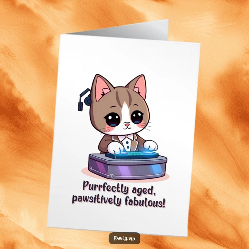 Funny Free Printable Birthday Card featuring a Kawaii tuxedo cat DJ spinning records with glowing lights, ready to party.