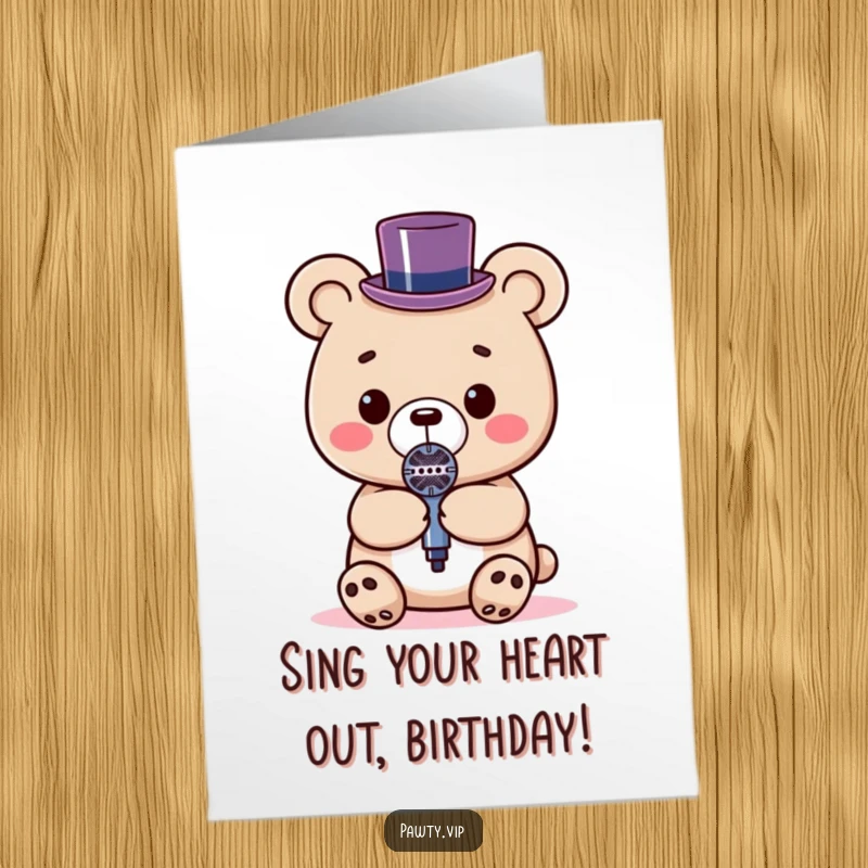 Funny Free Printable Birthday Card: A Kawaii bear in a top hat holds a microphone, ready to perform.