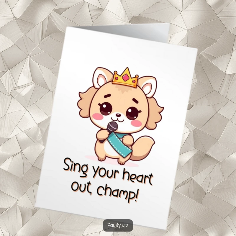 Funny Free Printable Birthday Card featuring a kawaii animal singer crowned and sashed, microphone ready for a birthday serenade.