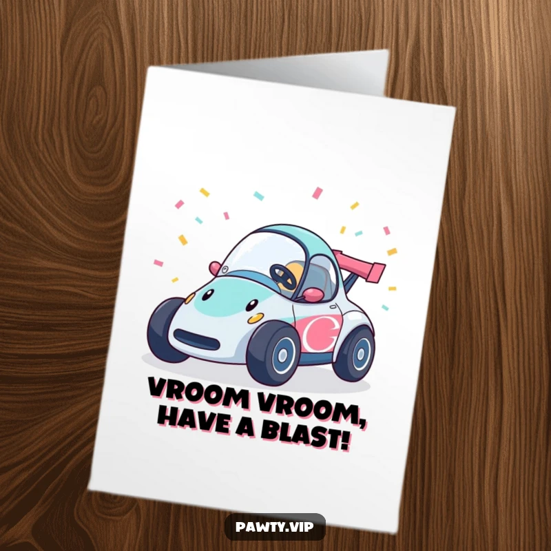 Funny Free Printable Birthday Card: A happy race car zooms with confetti streamers flying, celebrating a fast and fun birthday.