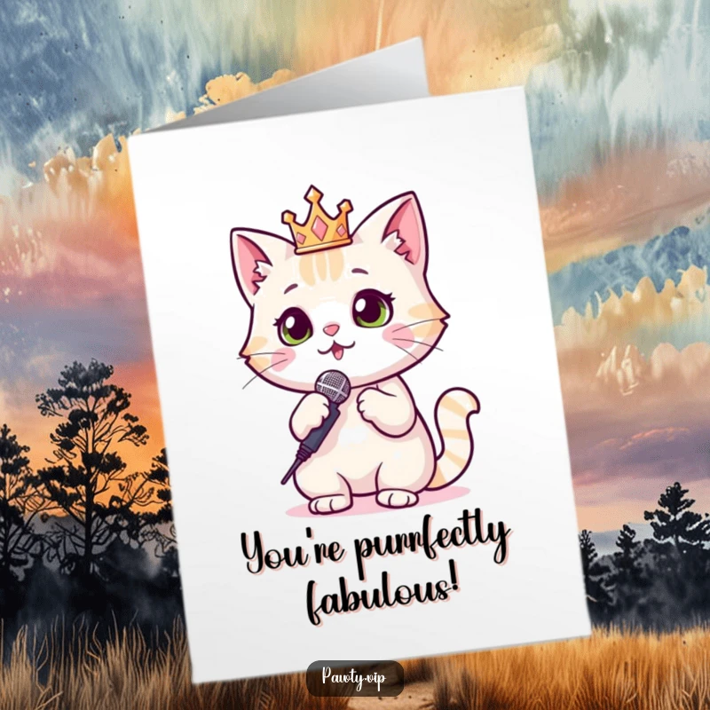 Funny Free Printable Birthday Card: A cat in a sparkly crown holds a microphone, ready to belt out a birthday tune.