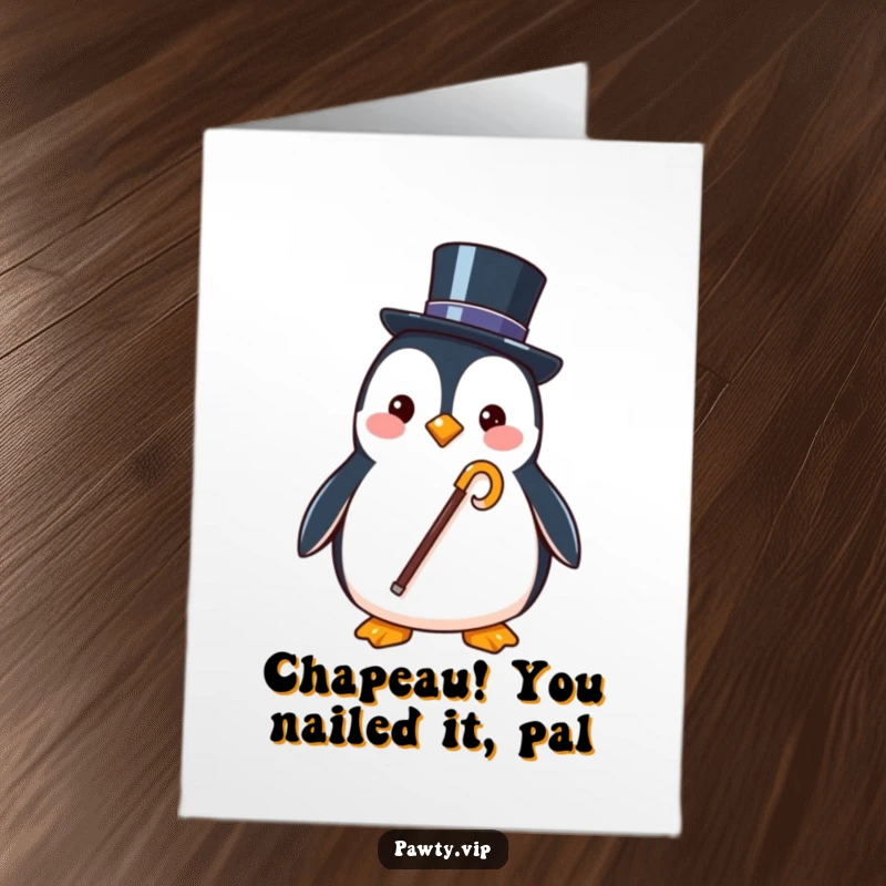 Funny free printable congratulations card featuring a stylish penguin holding a cane and wearing a tiny top hat, looking suave.