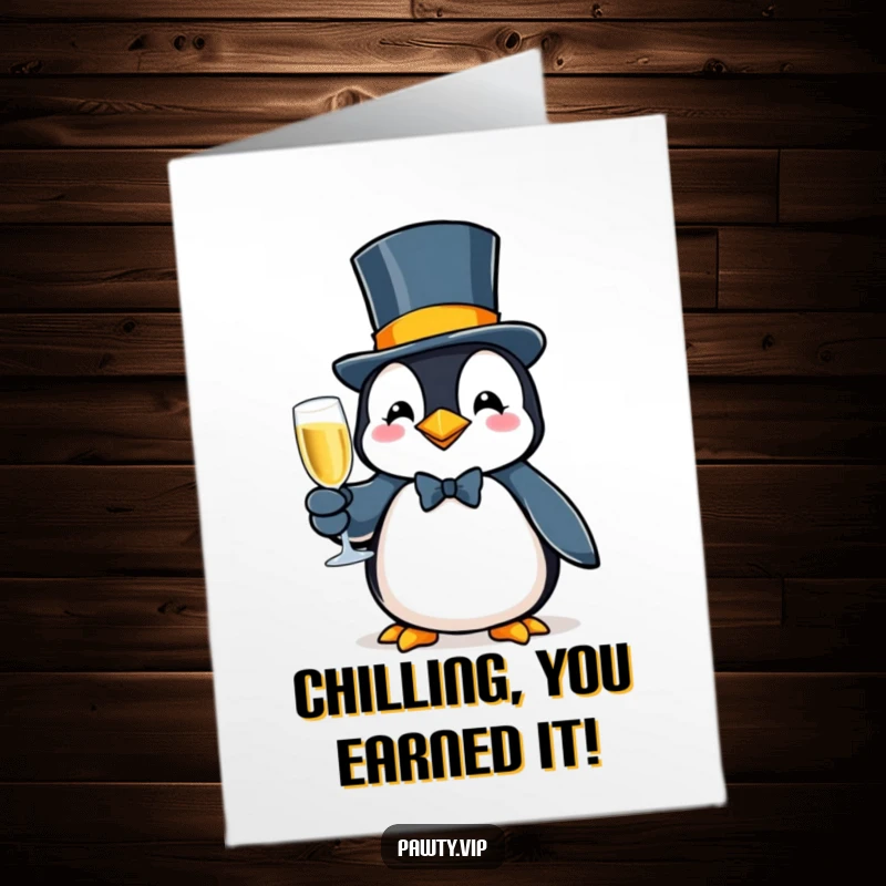 Funny Free Printable Congratulations Card: Penguin wearing a top hat, holding a glass of bubbly, toasting success.