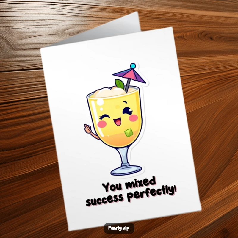 Funny Free Printable Congratulations Card with a cocktail character winking, celebrating success with a tropical vibe.