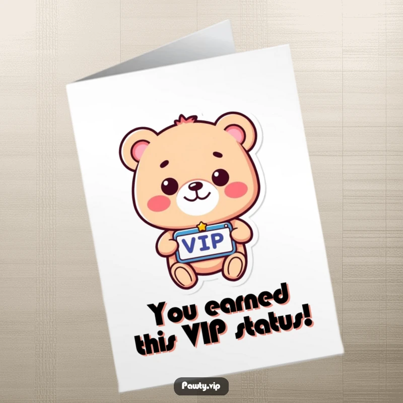 Funny Free Printable Congratulations Card: A beaming bear flaunts a VIP pass, celebrating achievements with style, downloadable.