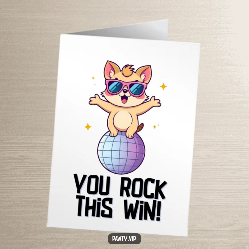 Funny Free Printable Congratulations Card: Animal in oversized sunglasses dancing energetically on a disco ball, celebrating success.