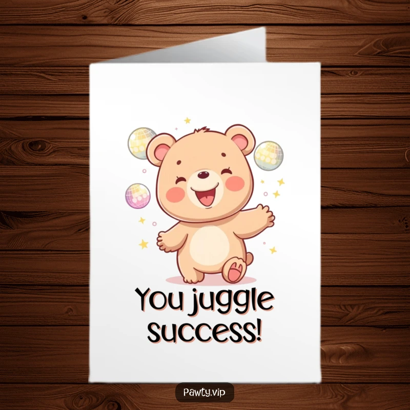 Funny Free Printable Congratulations Card featuring a kawaii bear joyfully juggling multiple glittering disco balls, celebrating a win.
