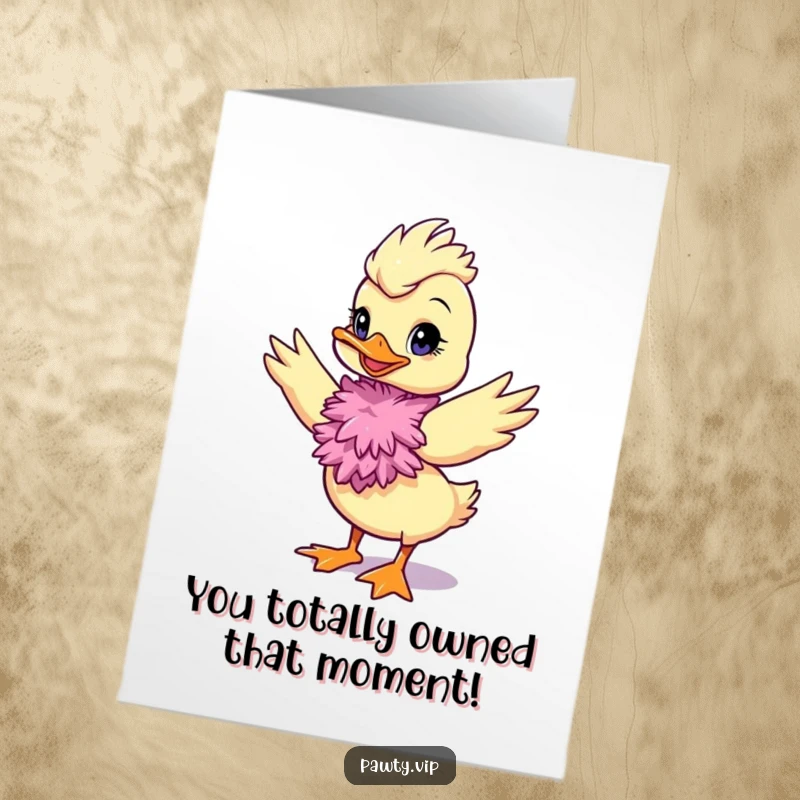 Funny Free Printable Congratulations Card: Diva duck in feather boa strikes a pose, celebrating success with glamour. Downloadable design.