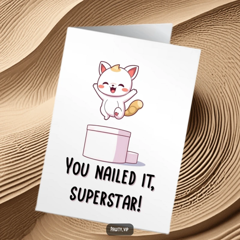Funny Free Printable Congratulations Card: Kawaii animal confidently leaps onto a podium, striking a victorious pose.