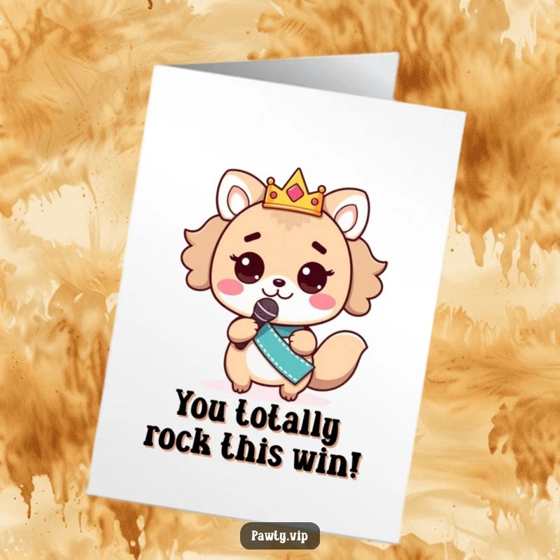 Funny Free Printable Congratulations Card with a kawaii animal in a crown and sash, mic in hand, ready to celebrate.