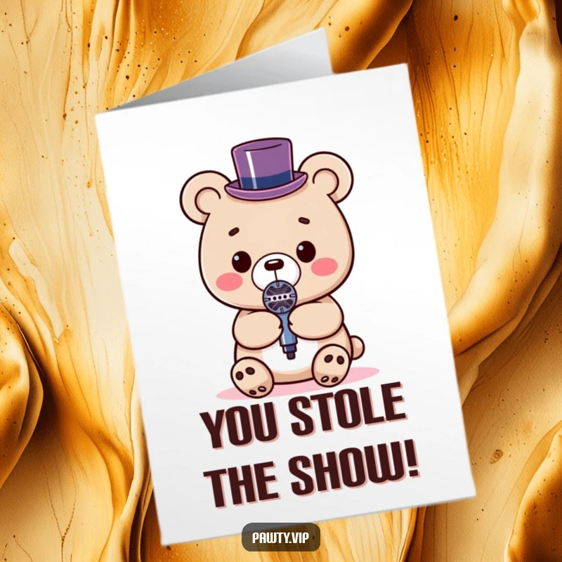 Funny Free Printable Congratulations Card: A Kawaii bear in a top hat with a microphone celebrates your success.