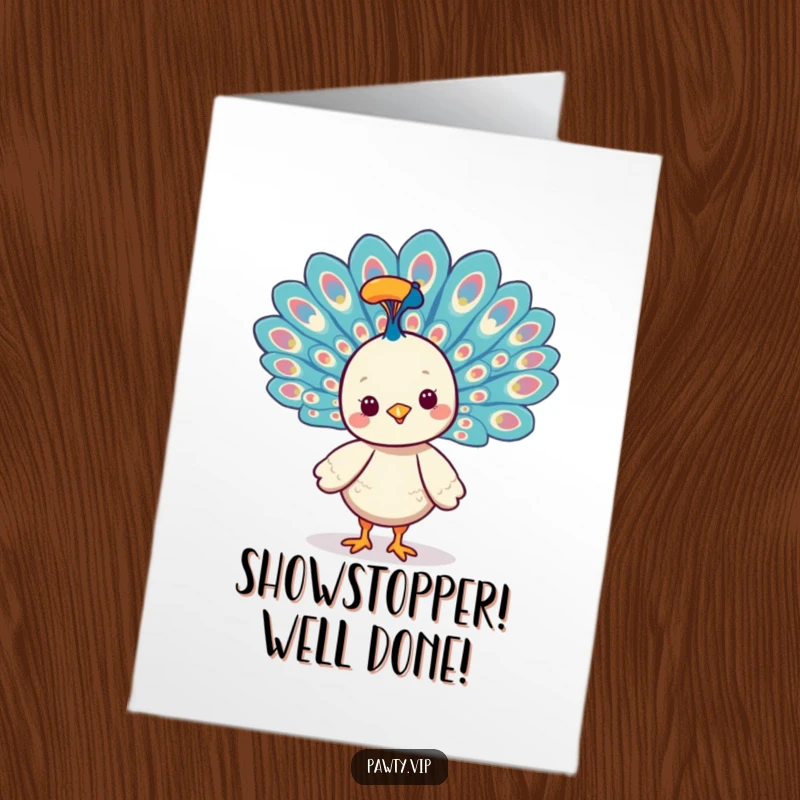 Funny Free Printable Congratulations Card: Kawaii peacock fanning its vibrant tail feathers to celebrate a great success.