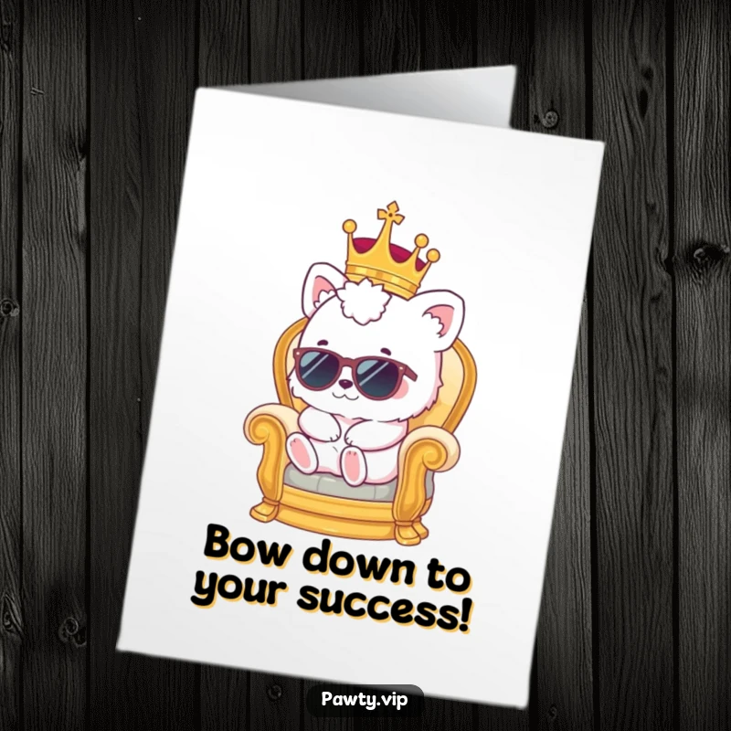 Funny free printable congratulations card depicting a kawaii animal wearing a tiny crown and sunglasses, relaxing on a throne.