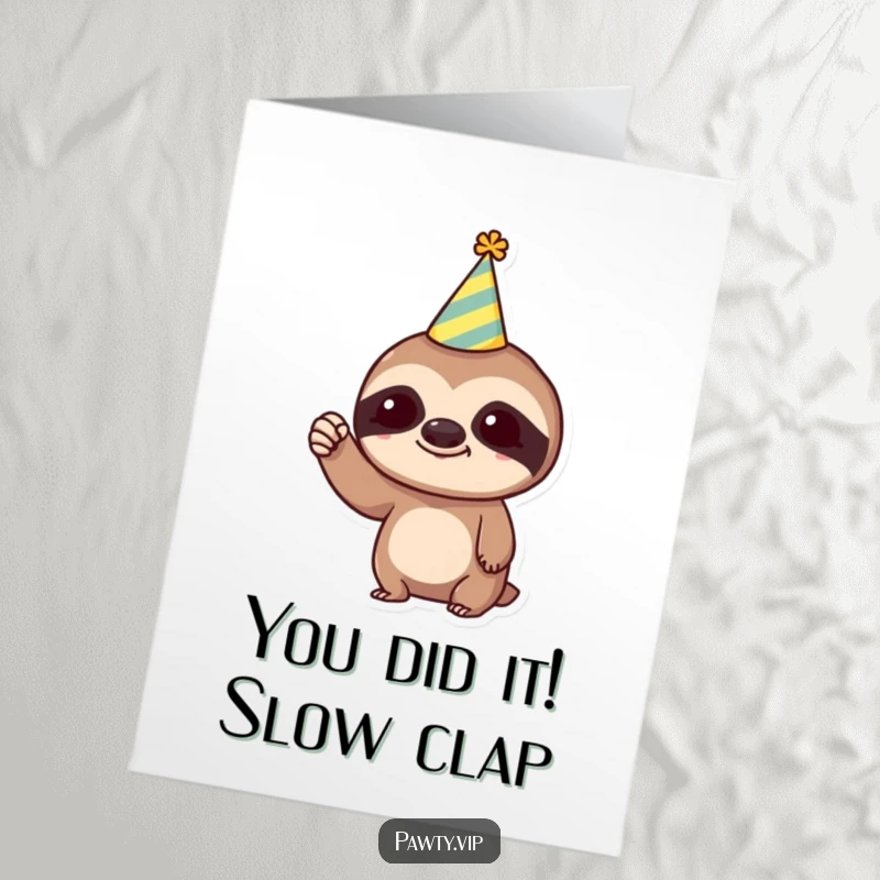Funny Free Printable Congratulations Card: Trendy sloth in party hat gives a slow, meaningful fist pump.