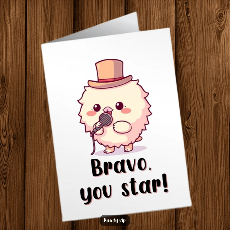 Funny Free Printable Congratulations Card: Fluffy creature in a top hat holding a microphone, celebrating a star performance.