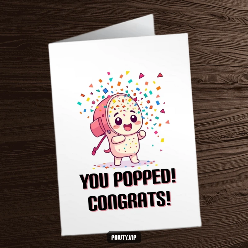 Funny Free Printable Congratulations Card: Confetti cannon character erupting with colorful pieces, celebrating a momentous achievement with joy.