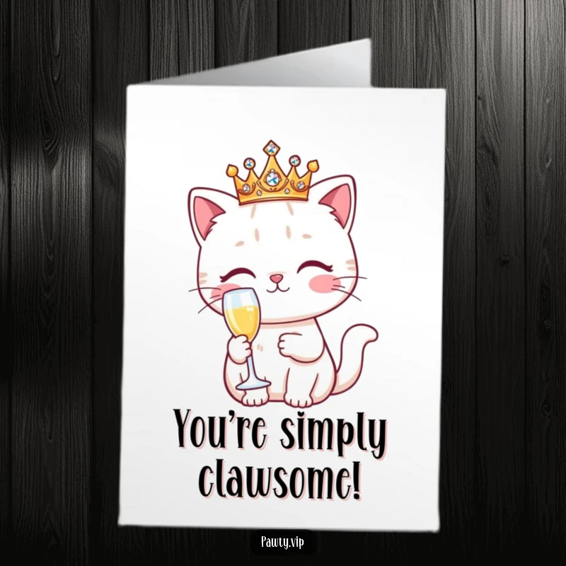 Funny Free Printable Congratulations Card of a kawaii cat wearing a crown, holding champagne, celebrating a grand achievement with style.