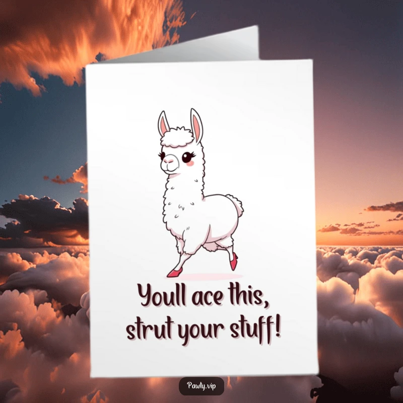 Funny Free Printable Congratulations Card: Chic llama in high heels strutting confidently, celebrating success.