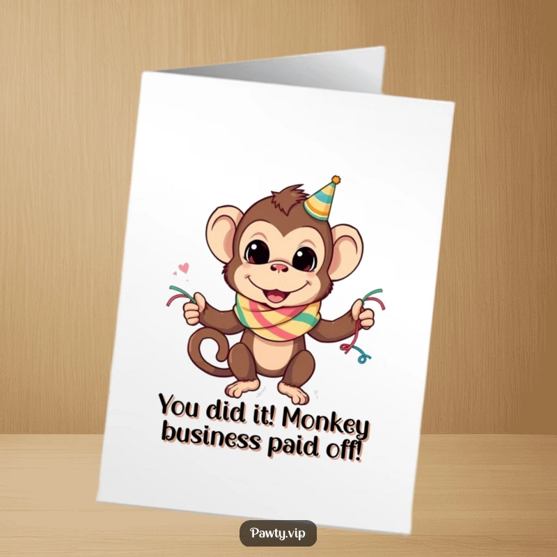 A mischievous monkey sporting a party streamer scarf, offering congratulations with a cheeky grin, free printable.