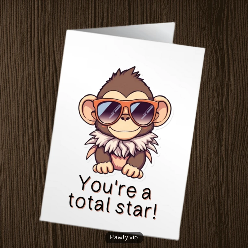 Funny Free Printable Congratulations Card with a trendy monkey sporting oversized sunglasses and a feather boa, celebrating success.