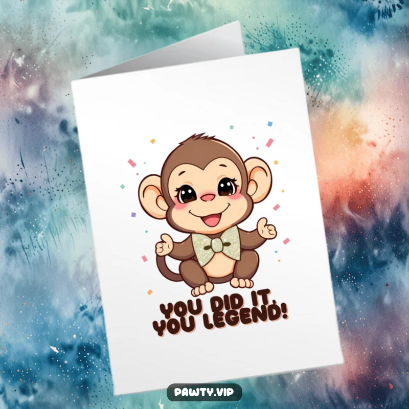 Funny Free Printable Congratulations Card: A monkey sporting a glittery bow tie enthusiastically tosses confetti in celebration.