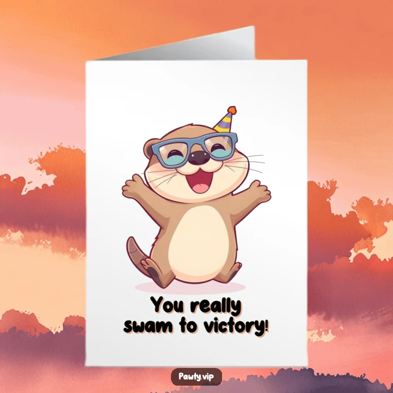 Funny Free Printable Congratulations Card with a joyful otter in tiny party glasses, leaping exuberantly, a perfect downloadable for celebrating.