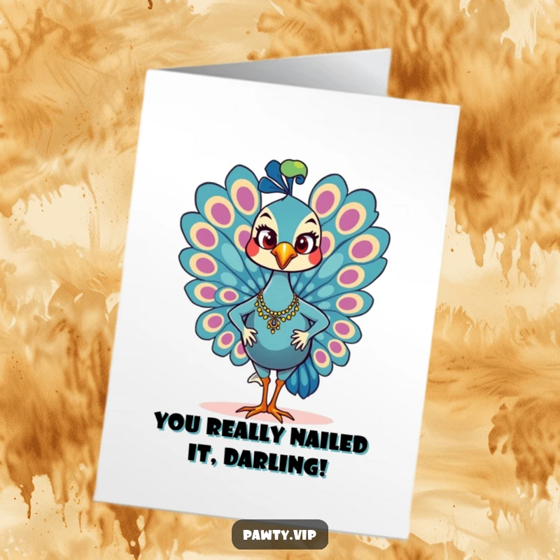 Funny Free Printable Congratulations Card: Glamorous peacock character strutting with a confident smile, celebrating achievements with style.