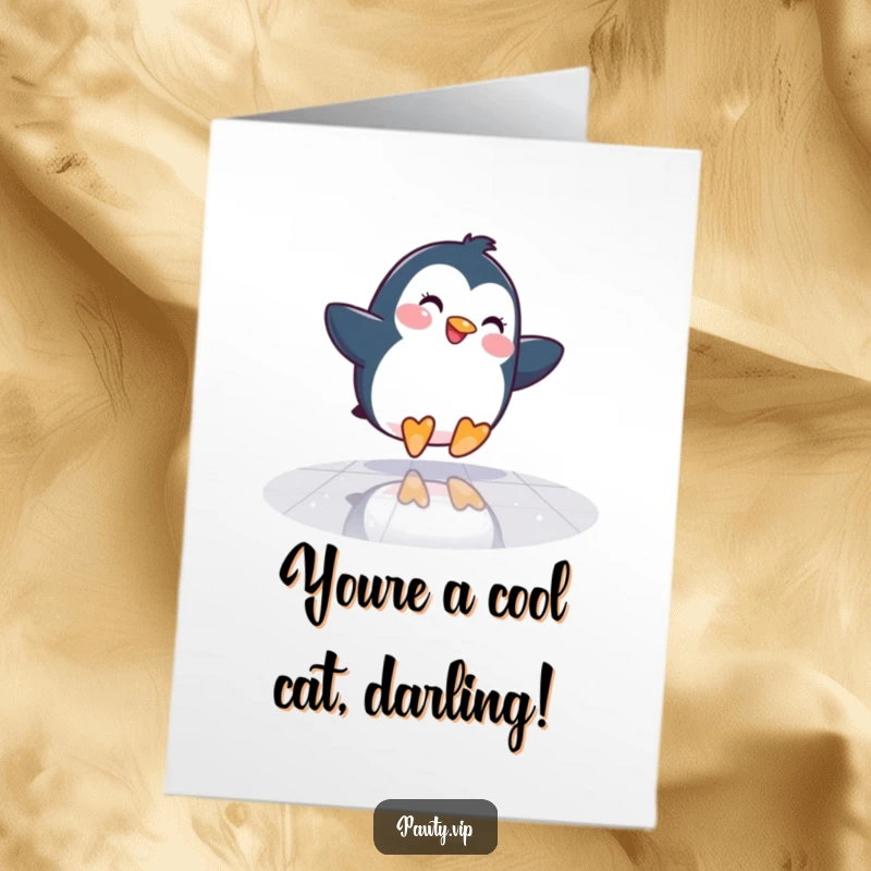 Funny Free Printable Congratulations Card: A penguin slides joyfully across a mirrored dance floor, celebrating an amazing achievement.