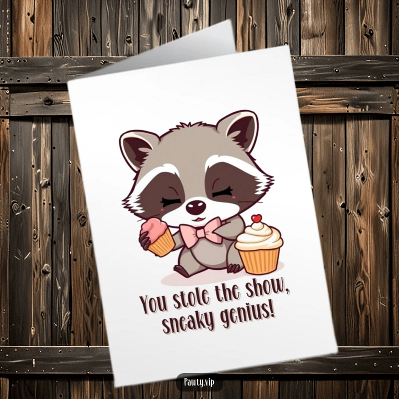 Funny Free Printable Congratulations Card: Mischievous raccoon in a bow tie, stealing a cupcake, celebrating success.