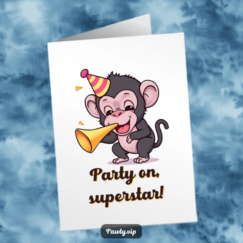 Funny Free Printable Congratulations Card: Kawaii chimpanzee blowing a party horn loudly to celebrate an achievement.