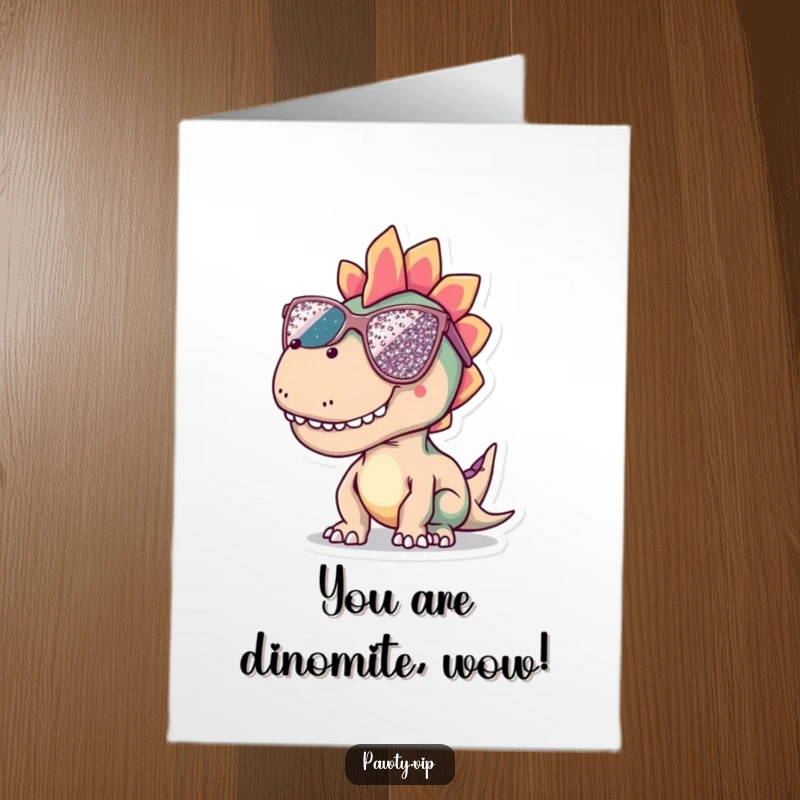 Funny Free Printable Congratulations Card: A dinosaur wears oversized sequined sunglasses, celebrating achievements with flair.
