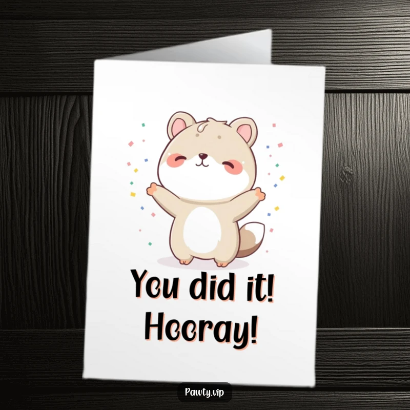 Funny Free Printable Congratulations Card: Ecstatic animal striking a victorious pose amidst a cascade of tiny confetti.