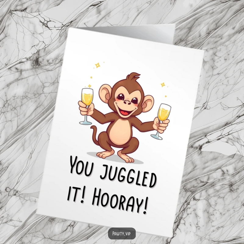 Funny Free Printable Congratulations Card: an energetic monkey juggles champagne glasses, symbolizing a bubbly, successful celebration, a downloadable.