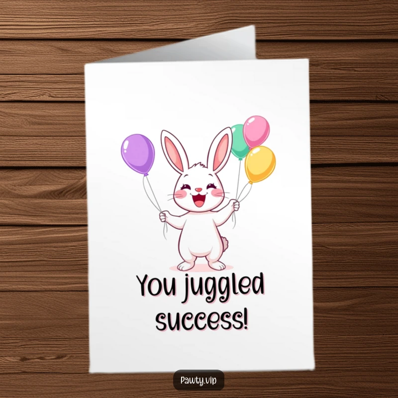 Funny Free Printable Congratulations Card: A grinning Kawaii rabbit juggling balloons to celebrate your success.