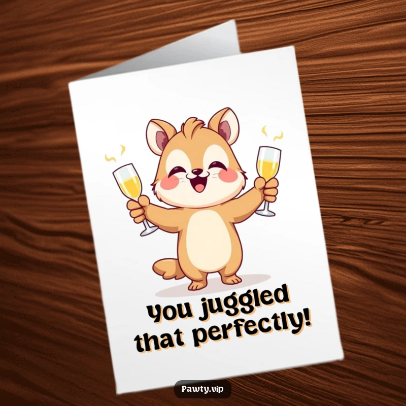 Funny free printable congratulations card showing an animal character gleefully juggling champagne flutes, celebrating a win.