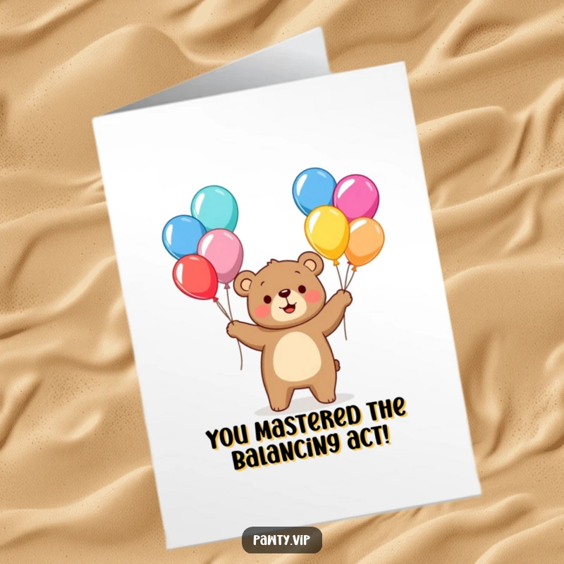 Funny Free Printable Bear Congratulations Card: Cheerful bear juggling colorful balloons, celebrating an achievement. Downloadable art.