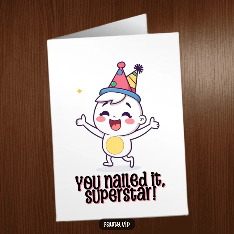 Funny free printable congratulations card of a happy character in a party hat dancing energetically.