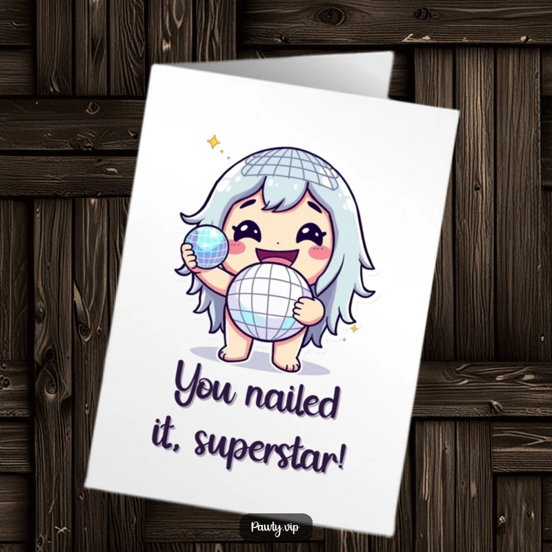 Funny Free Printable Congratulations Card showing a cheerful character holding a glittering disco ball with a wide, celebratory grin.